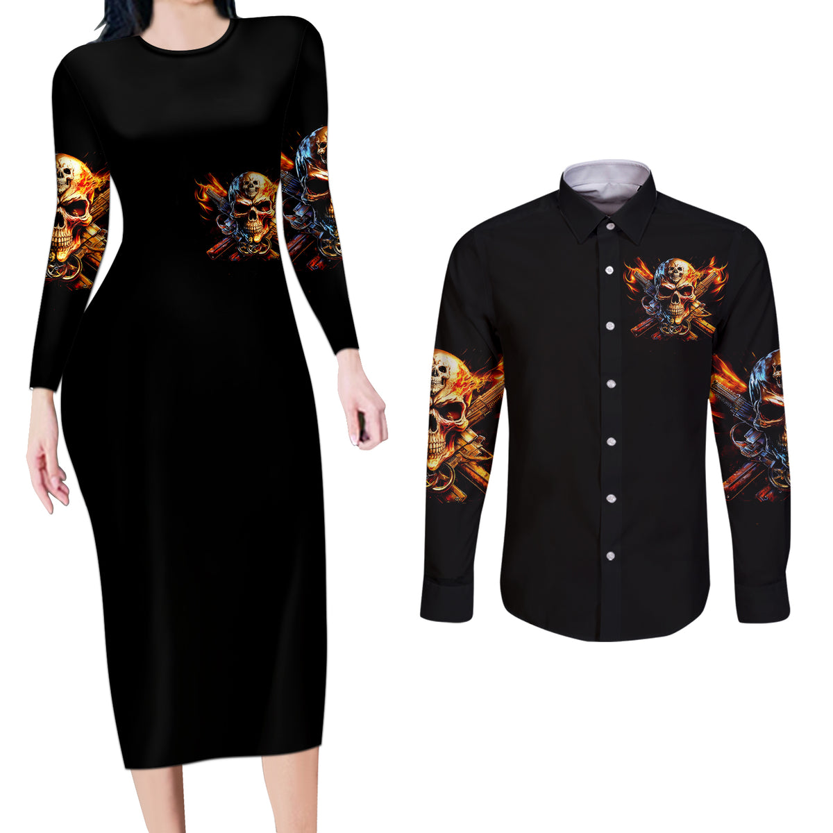 Fire Gun Skull Couples Matching Long Sleeve Bodycon Dress and Long Sleeve Button Shirts Your First Mistake Was Thinking I Was One Of The Sheep - Wonder Print Shop
