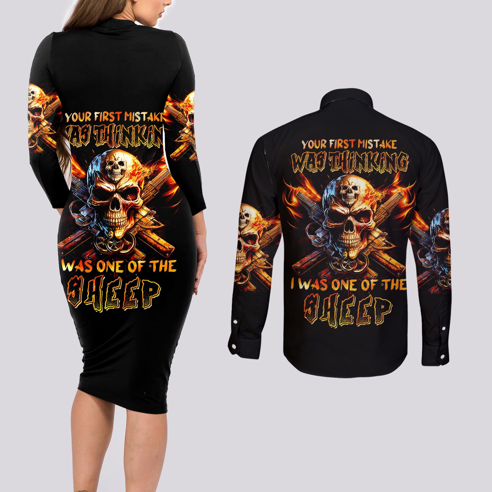 Fire Gun Skull Couples Matching Long Sleeve Bodycon Dress and Long Sleeve Button Shirts Your First Mistake Was Thinking I Was One Of The Sheep - Wonder Print Shop