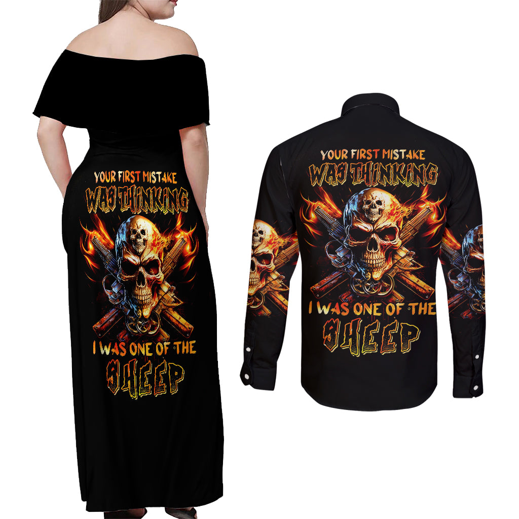 Fire Gun Skull Couples Matching Off Shoulder Maxi Dress and Long Sleeve Button Shirts Your First Mistake Was Thinking I Was One Of The Sheep - Wonder Print Shop