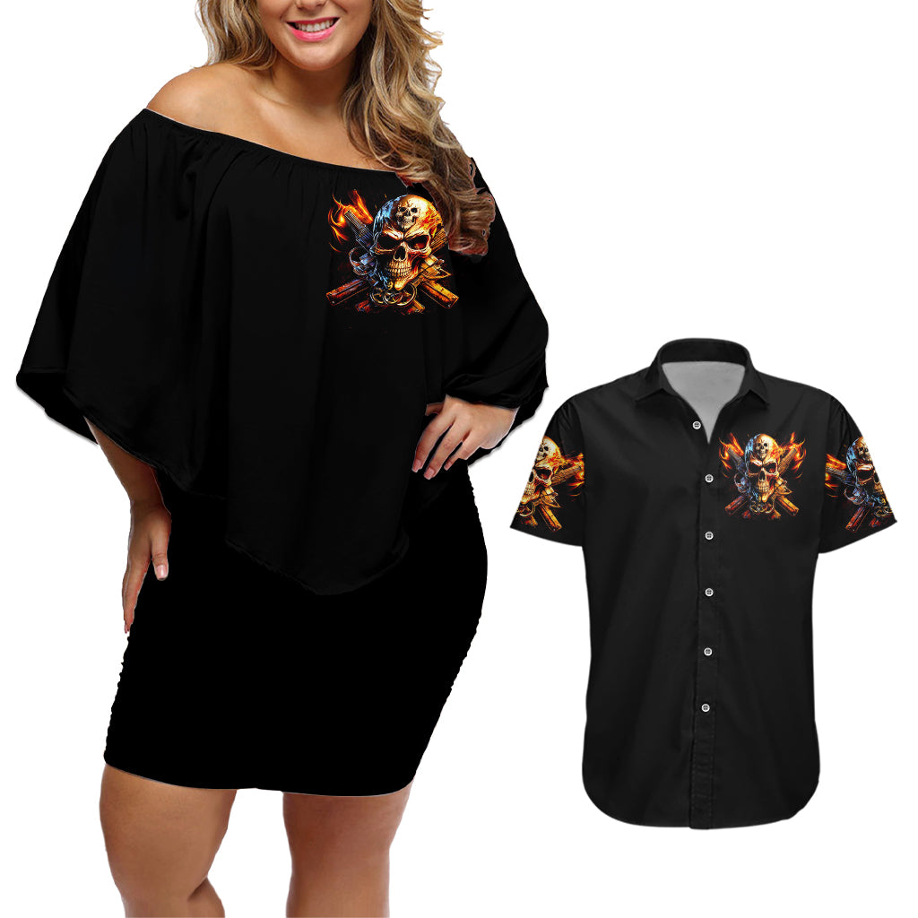 Fire Gun Skull Couples Matching Off Shoulder Short Dress and Hawaiian Shirt Your First Mistake Was Thinking I Was One Of The Sheep - Wonder Print Shop