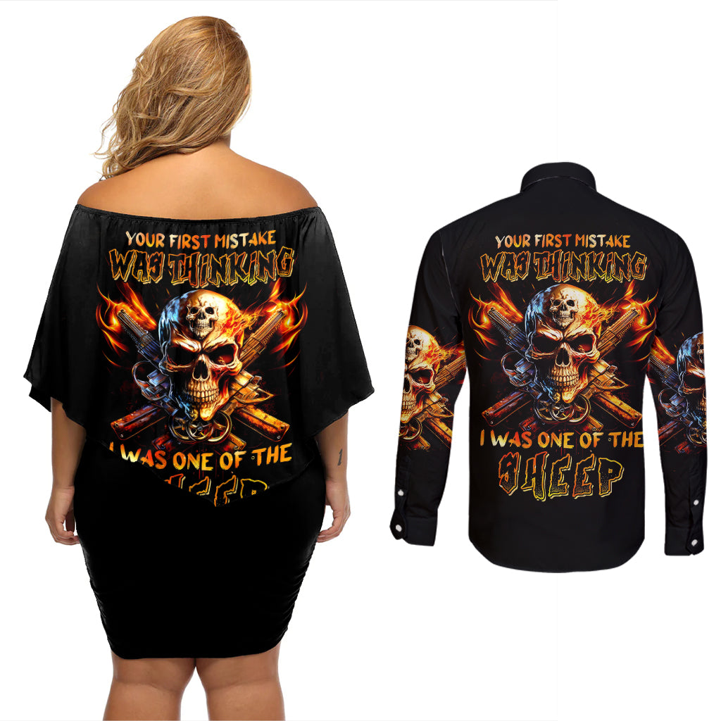 Fire Gun Skull Couples Matching Off Shoulder Short Dress and Long Sleeve Button Shirts Your First Mistake Was Thinking I Was One Of The Sheep - Wonder Print Shop