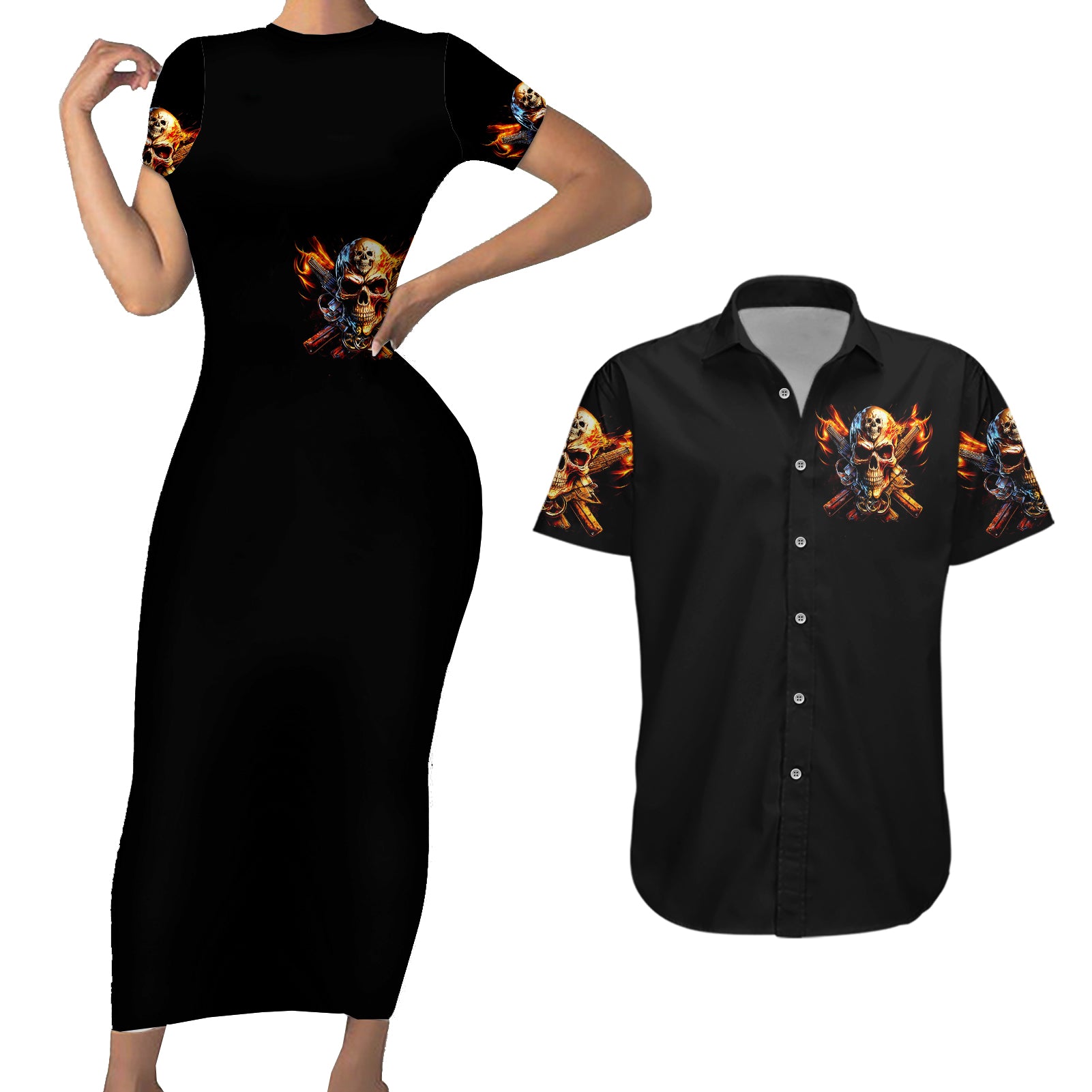 Fire Gun Skull Couples Matching Short Sleeve Bodycon Dress and Hawaiian Shirt Your First Mistake Was Thinking I Was One Of The Sheep - Wonder Print Shop