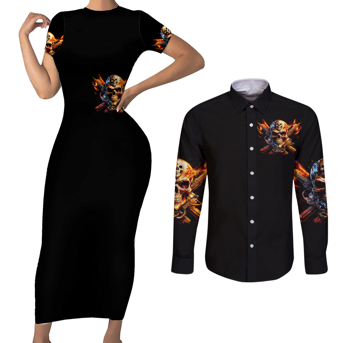 Fire Gun Skull Couples Matching Short Sleeve Bodycon Dress and Long Sleeve Button Shirts Your First Mistake Was Thinking I Was One Of The Sheep - Wonder Print Shop