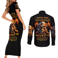 Fire Gun Skull Couples Matching Short Sleeve Bodycon Dress and Long Sleeve Button Shirts Your First Mistake Was Thinking I Was One Of The Sheep - Wonder Print Shop
