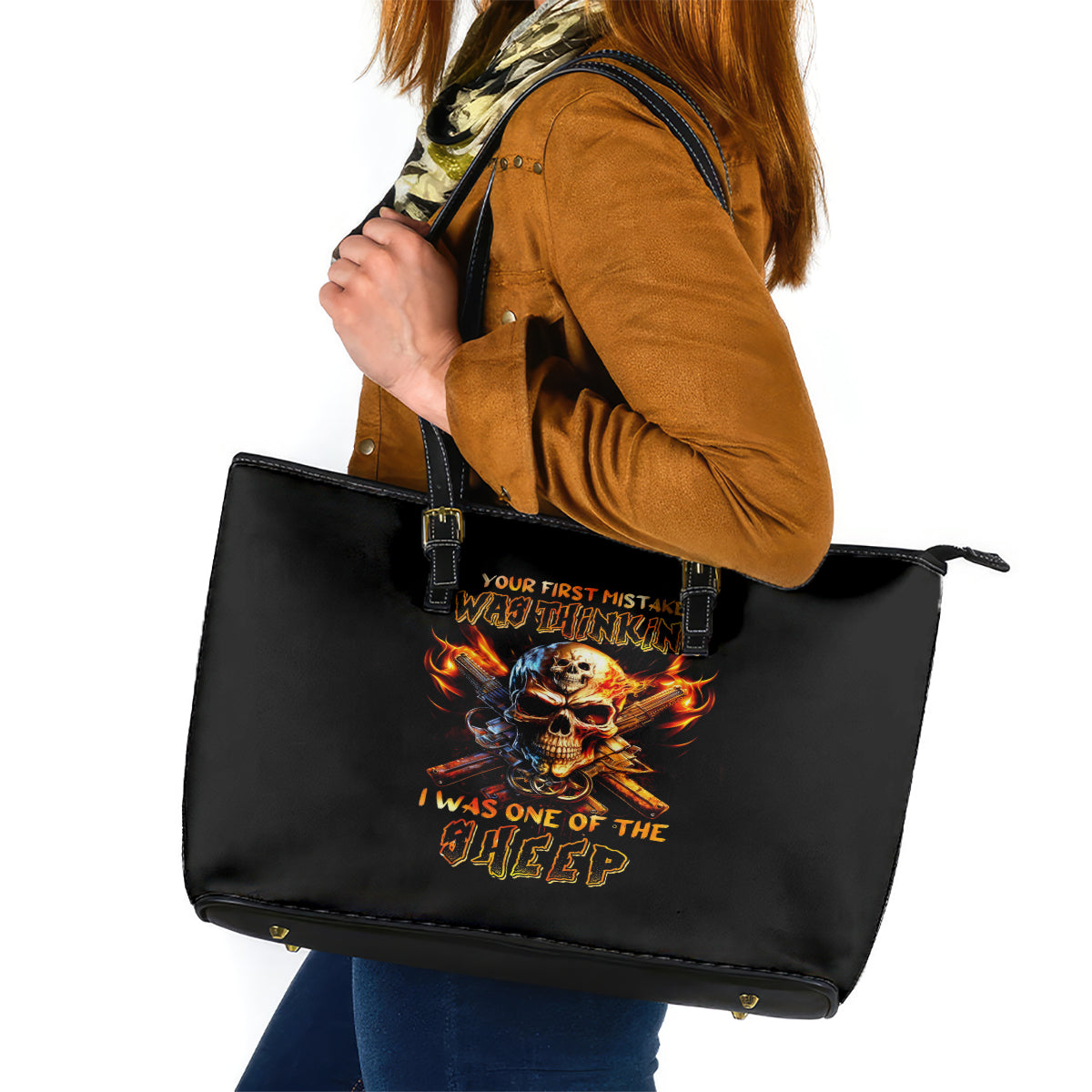 Fire Gun Skull Leather Tote Bag Your First Mistake Was Thinking I Was One Of The Sheep - Wonder Print Shop