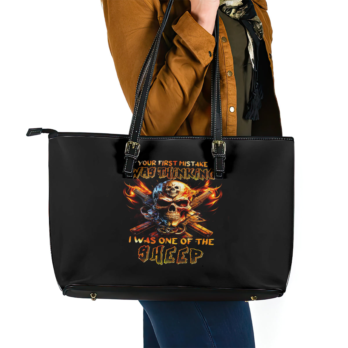 Fire Gun Skull Leather Tote Bag Your First Mistake Was Thinking I Was One Of The Sheep - Wonder Print Shop
