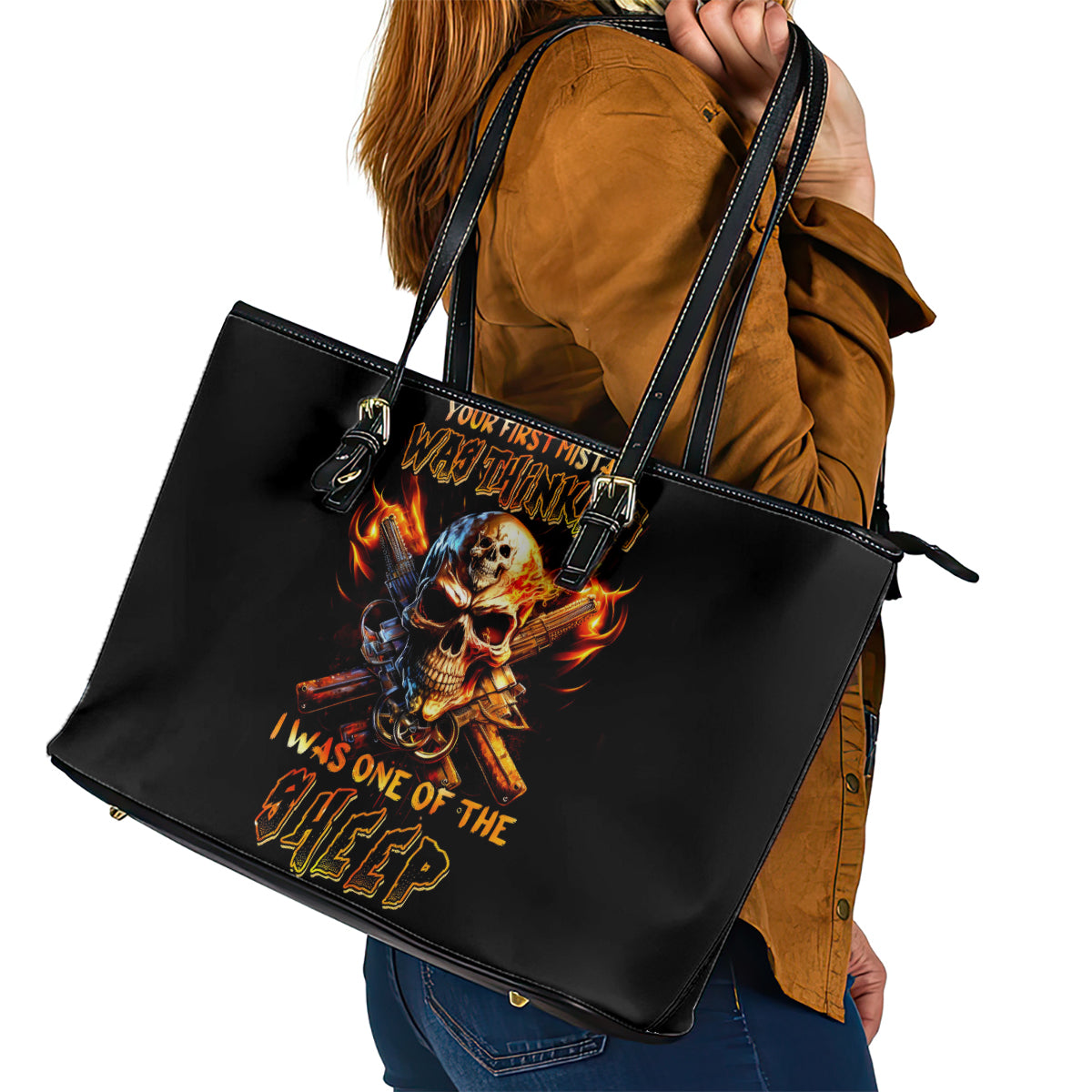Fire Gun Skull Leather Tote Bag Your First Mistake Was Thinking I Was One Of The Sheep - Wonder Print Shop