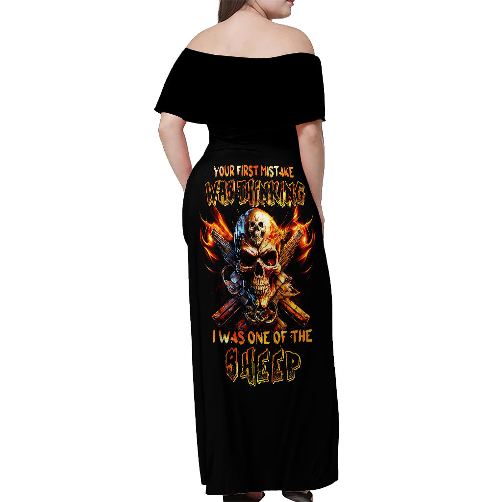 Fire Gun Skull Off Shoulder Maxi Dress Your First Mistake Was Thinking I Was One Of The Sheep - Wonder Print Shop
