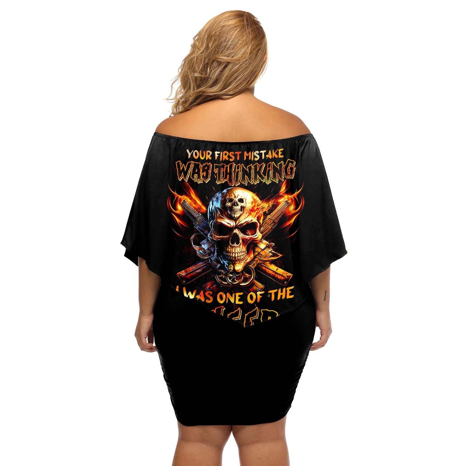 Fire Gun Skull Off Shoulder Short Dress Your First Mistake Was Thinking I Was One Of The Sheep - Wonder Print Shop