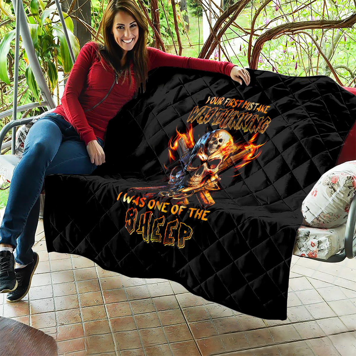 Fire Gun Skull Quilt Your First Mistake Was Thinking I Was One Of The Sheep - Wonder Print Shop