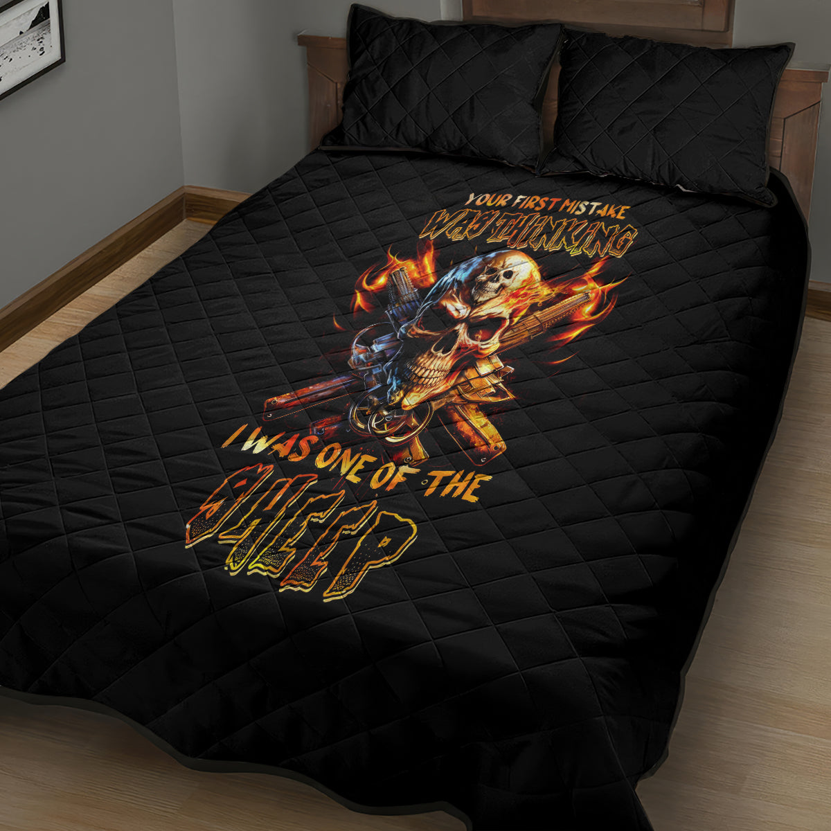 Fire Gun Skull Quilt Bed Set Your First Mistake Was Thinking I Was One Of The Sheep - Wonder Print Shop