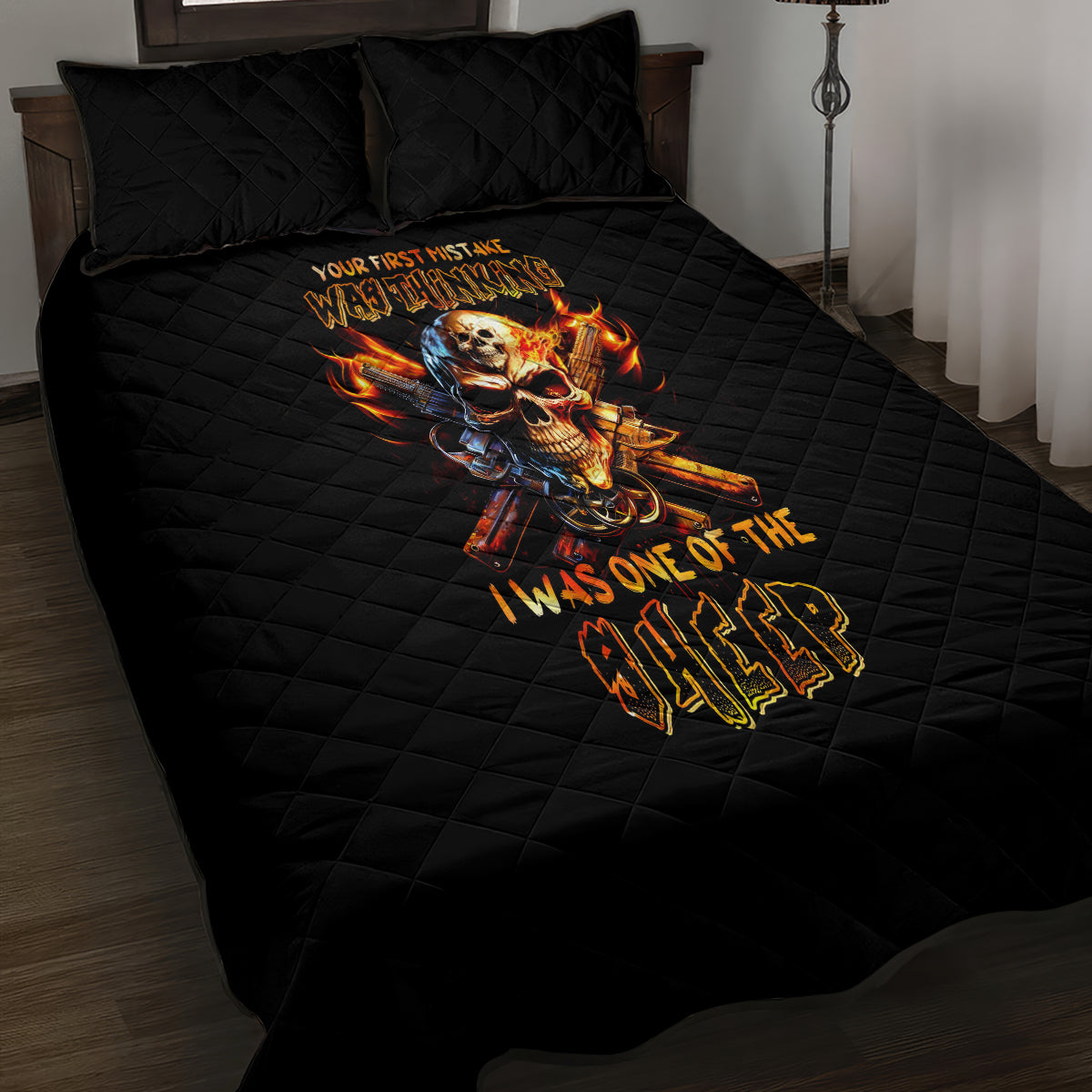 Fire Gun Skull Quilt Bed Set Your First Mistake Was Thinking I Was One Of The Sheep - Wonder Print Shop