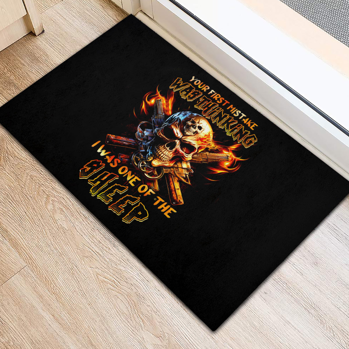 Fire Gun Skull Rubber Doormat Your First Mistake Was Thinking I Was One Of The Sheep - Wonder Print Shop