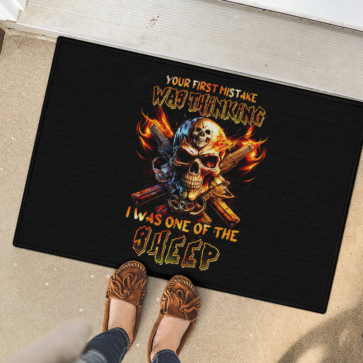 Fire Gun Skull Rubber Doormat Your First Mistake Was Thinking I Was One Of The Sheep - Wonder Print Shop