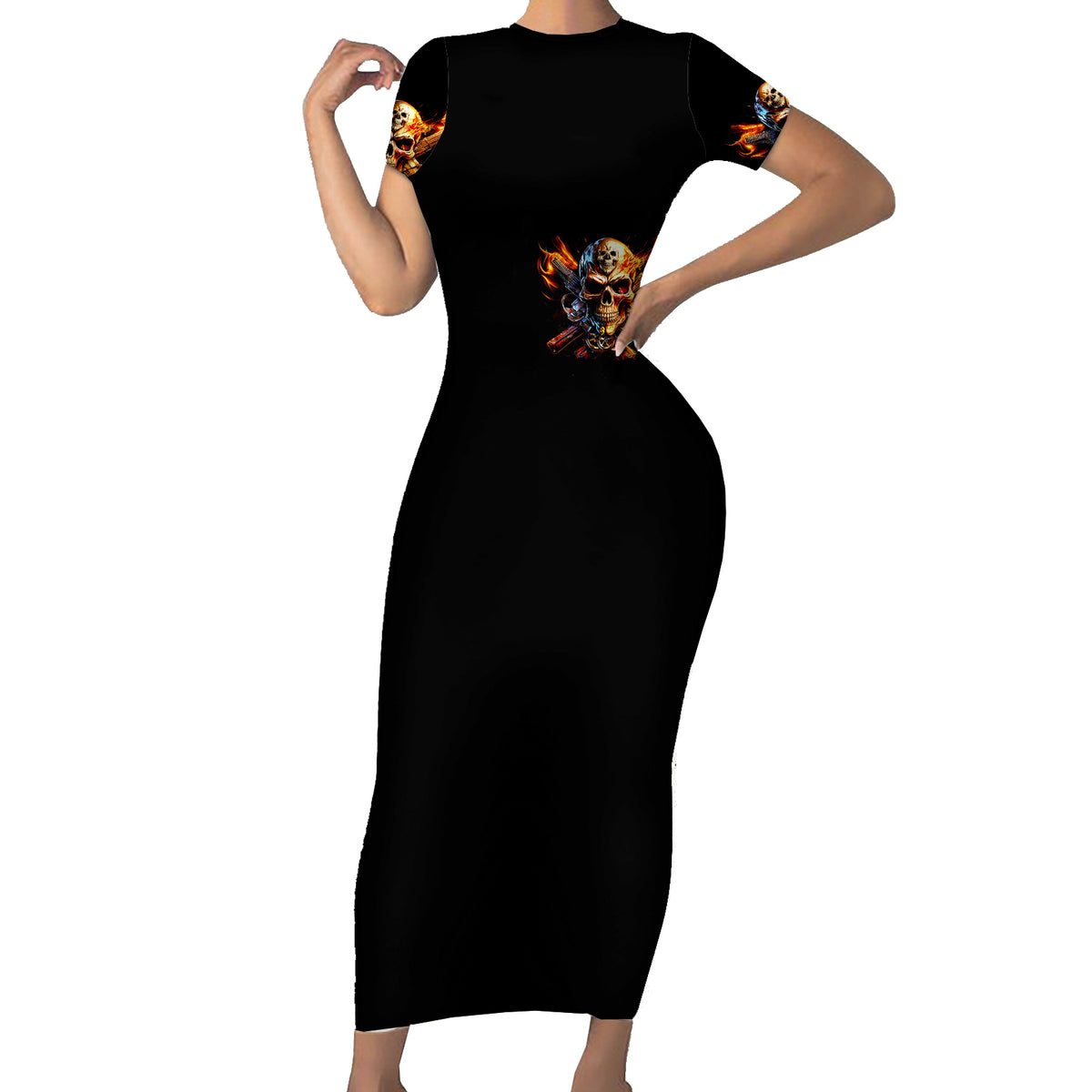 Fire Gun Skull Short Sleeve Bodycon Dress Your First Mistake Was Thinking I Was One Of The Sheep - Wonder Print Shop