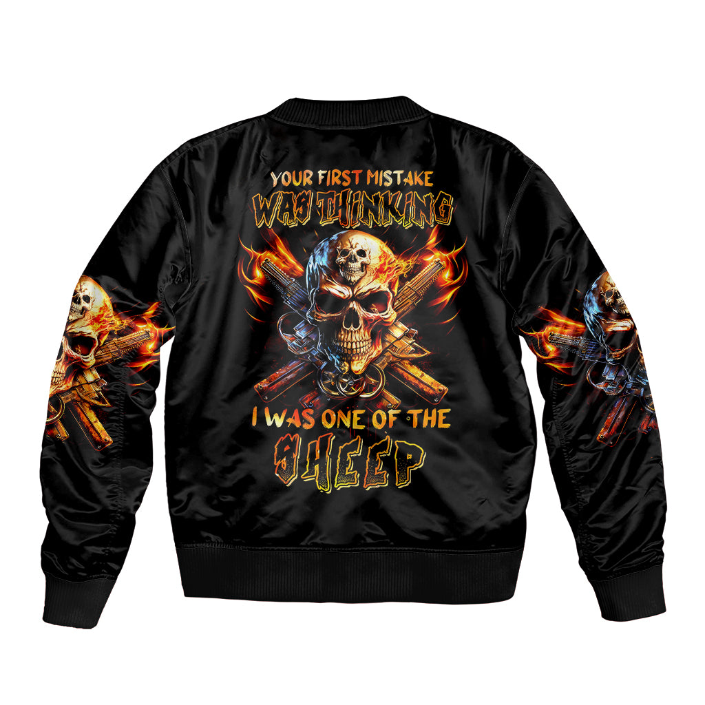 Fire Gun Skull Sleeve Zip Bomber Jacket Your First Mistake Was Thinking I Was One Of The Sheep - Wonder Print Shop