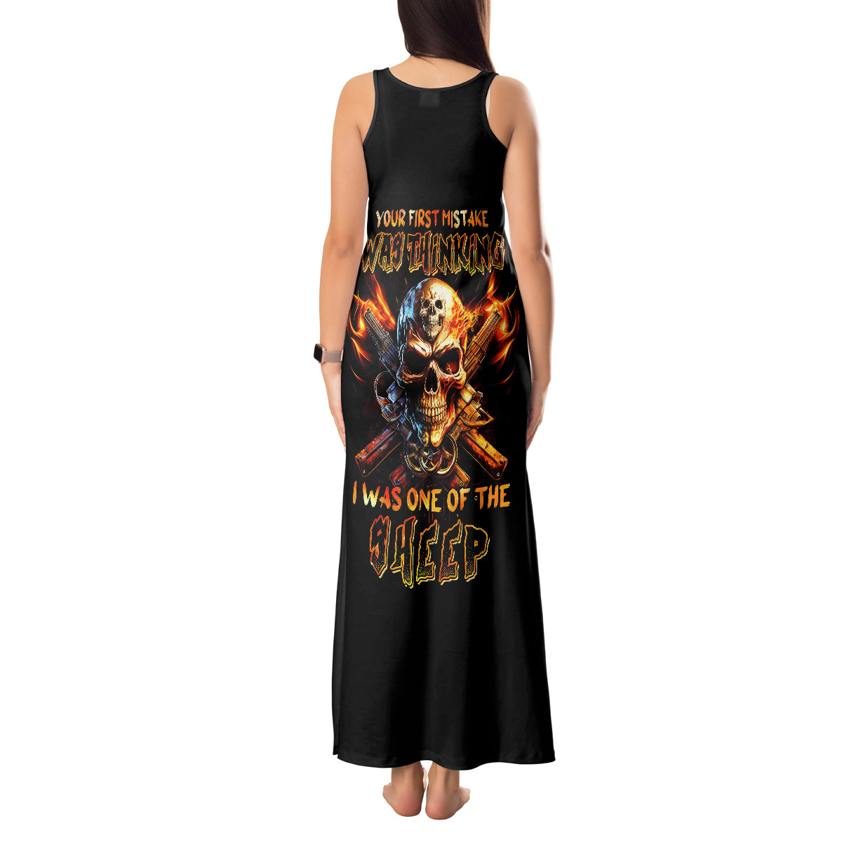 Fire Gun Skull Tank Maxi Dress Your First Mistake Was Thinking I Was One Of The Sheep - Wonder Print Shop