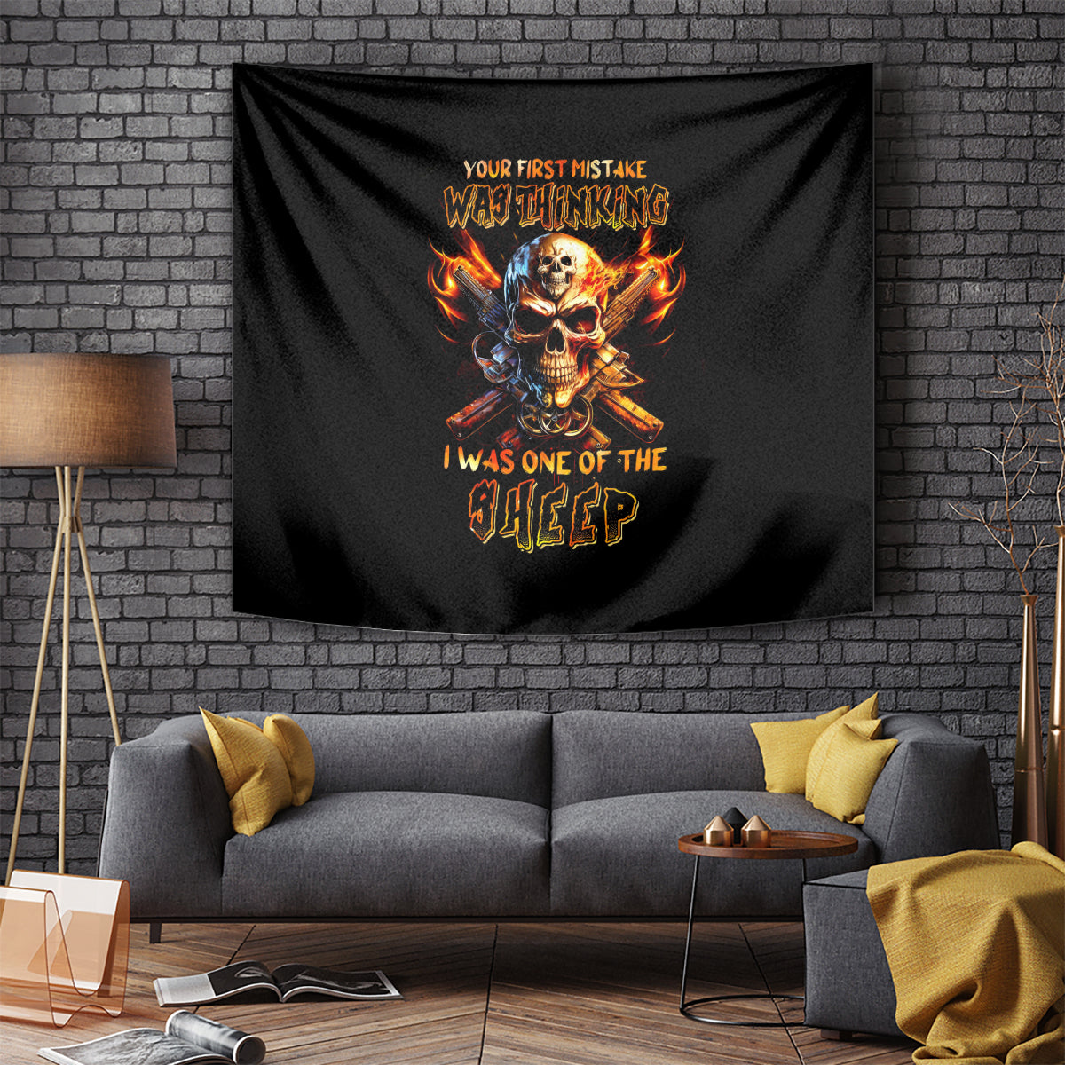 Fire Gun Skull Tapestry Your First Mistake Was Thinking I Was One Of The Sheep - Wonder Print Shop