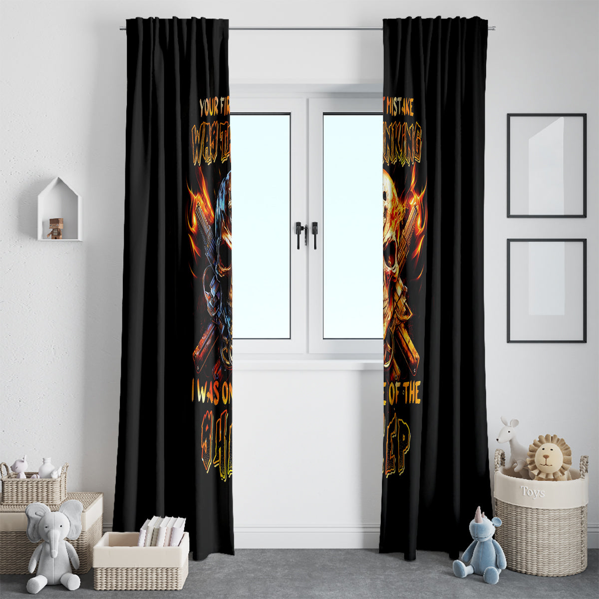 Fire Gun Skull Window Curtain Your First Mistake Was Thinking I Was One Of The Sheep - Wonder Print Shop