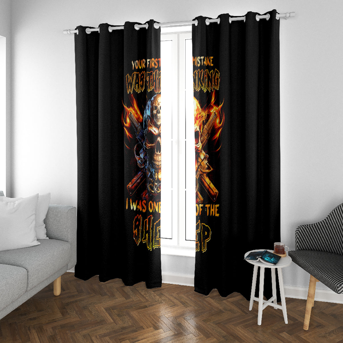 Fire Gun Skull Window Curtain Your First Mistake Was Thinking I Was One Of The Sheep - Wonder Print Shop