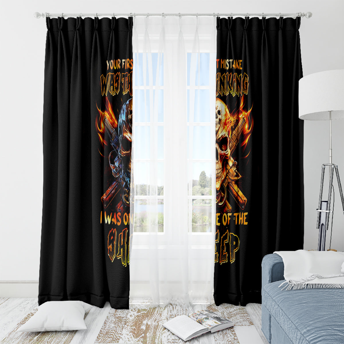 Fire Gun Skull Window Curtain Your First Mistake Was Thinking I Was One Of The Sheep - Wonder Print Shop