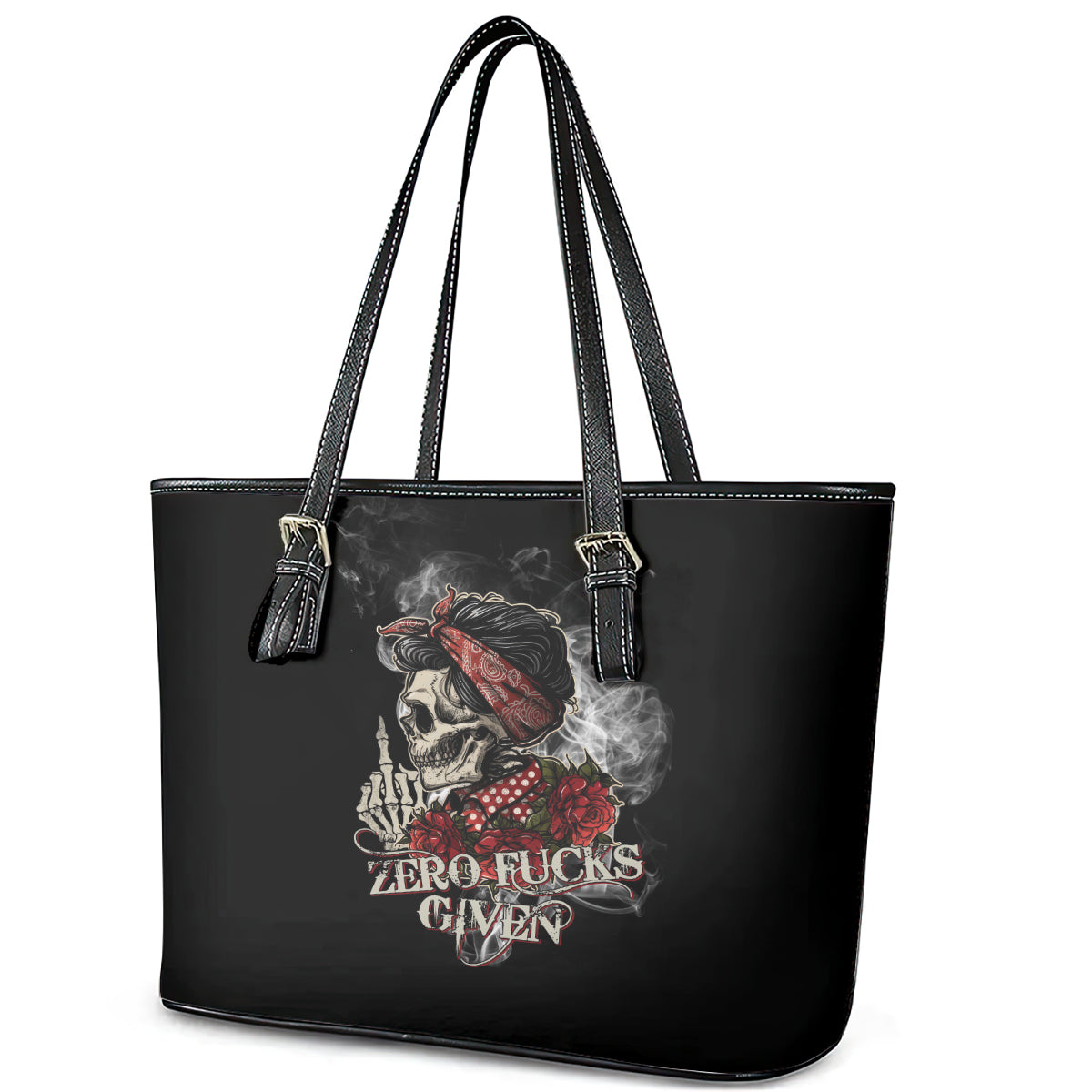 Girl Skull Leather Tote Bag Zero Fucking Given - Wonder Print Shop