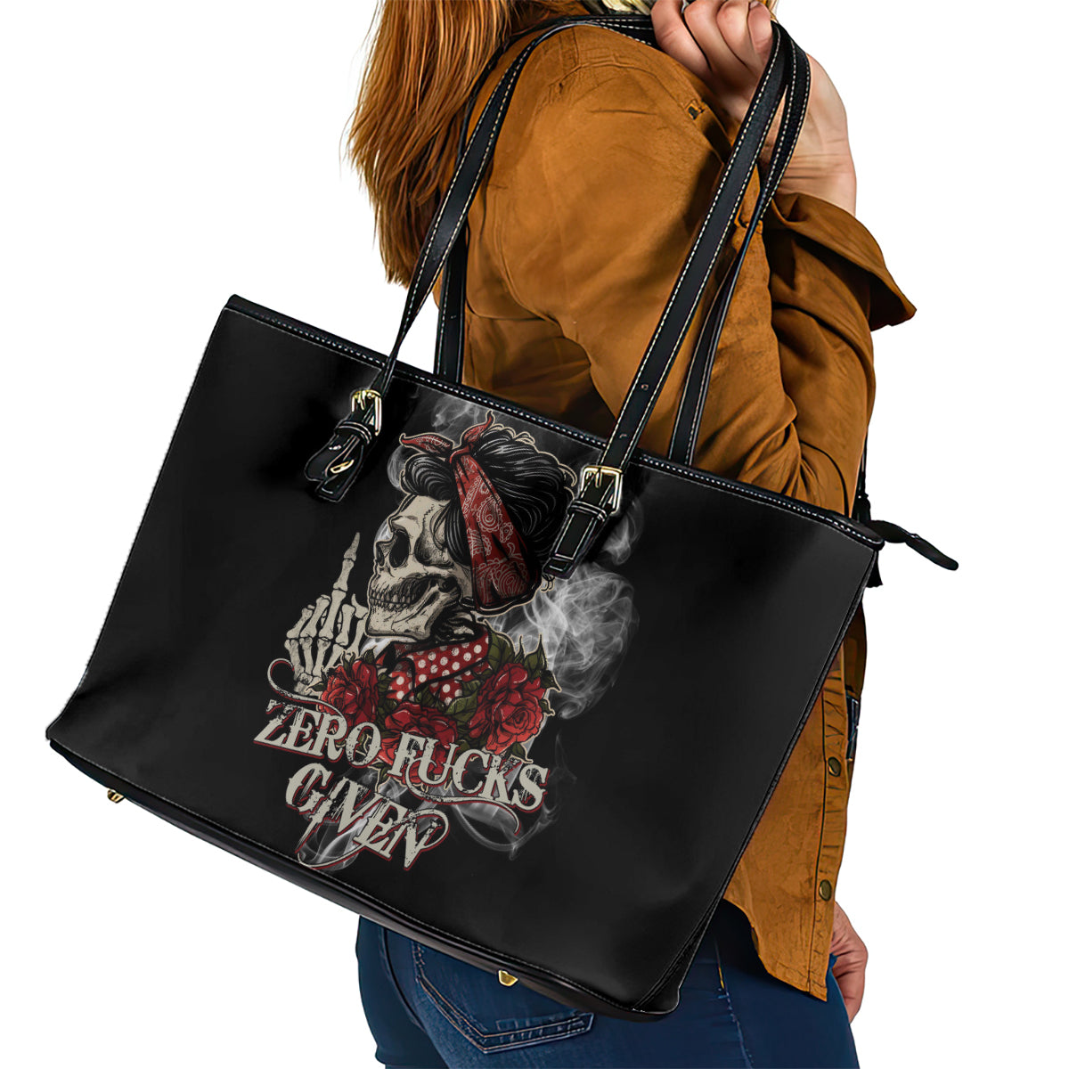Girl Skull Leather Tote Bag Zero Fucking Given - Wonder Print Shop