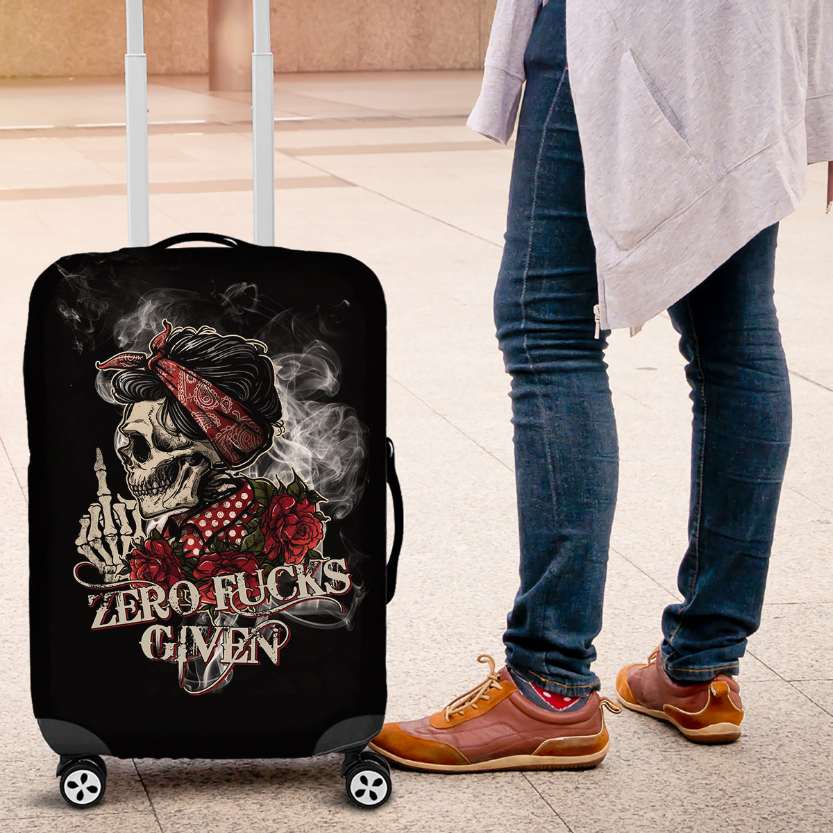 Girl Skull Luggage Cover Zero Fucking Given - Wonder Print Shop
