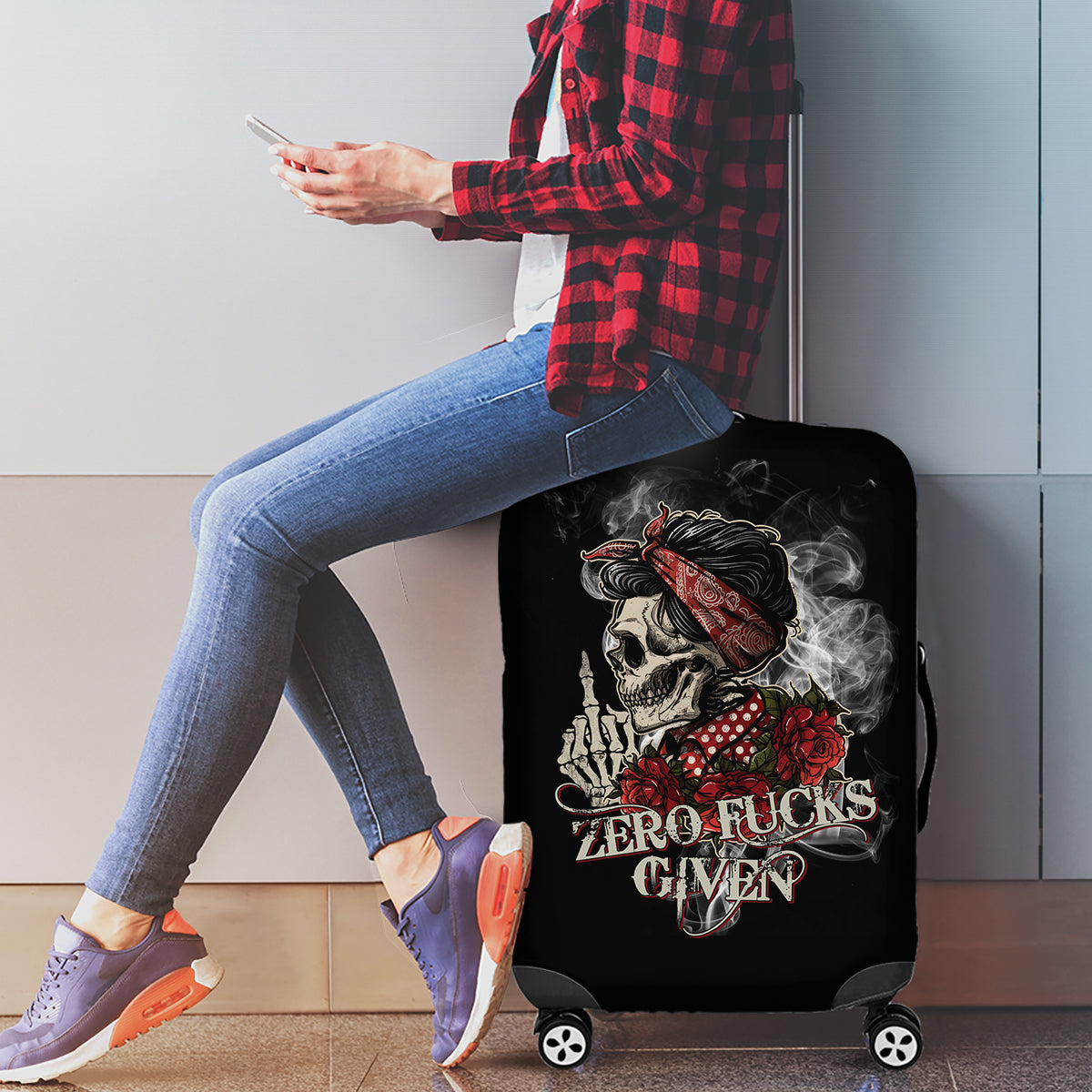 Girl Skull Luggage Cover Zero Fucking Given - Wonder Print Shop