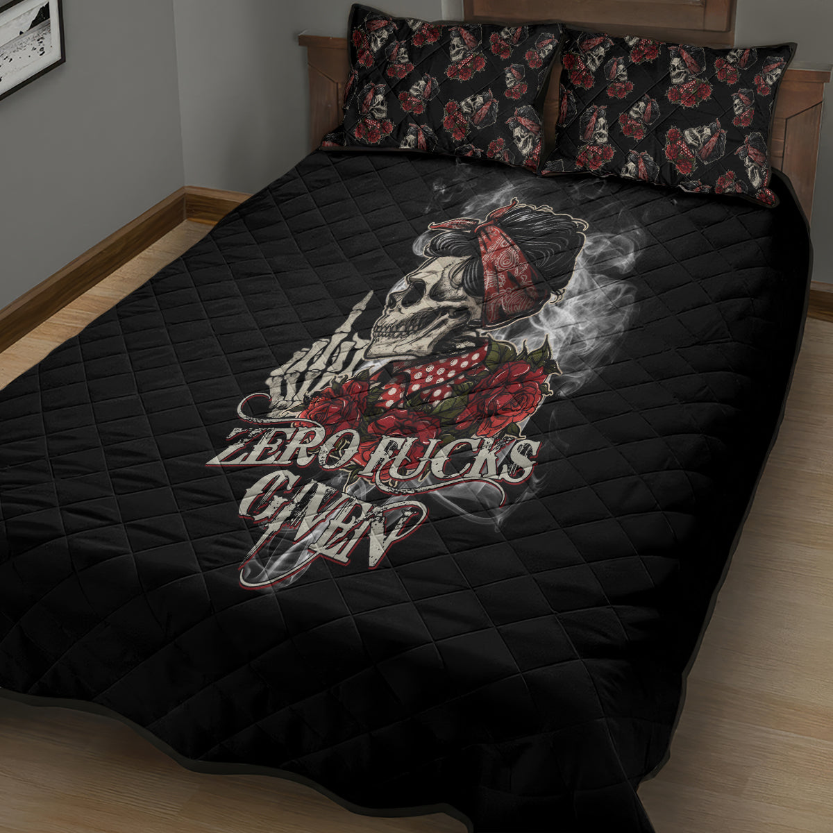 Girl Skull Quilt Bed Set Zero Fucking Given - Wonder Print Shop