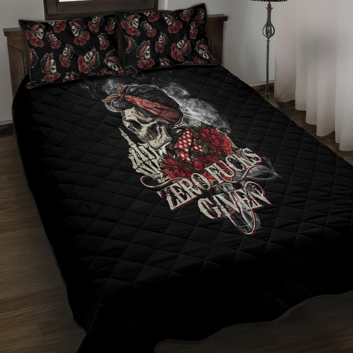 Girl Skull Quilt Bed Set Zero Fucking Given - Wonder Print Shop