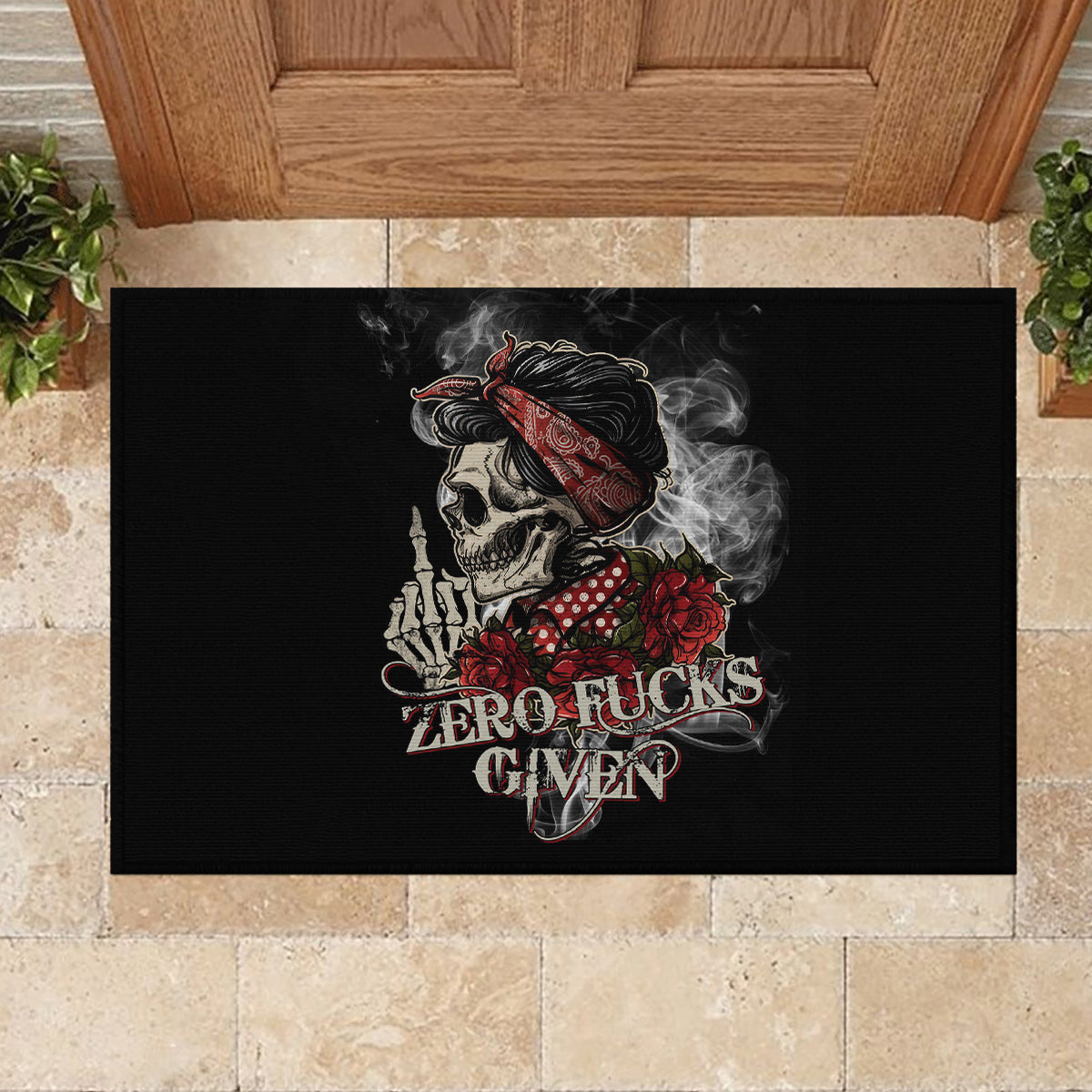 Girl Skull Rubber Doormat Zero Fucking Given - Wonder Print Shop