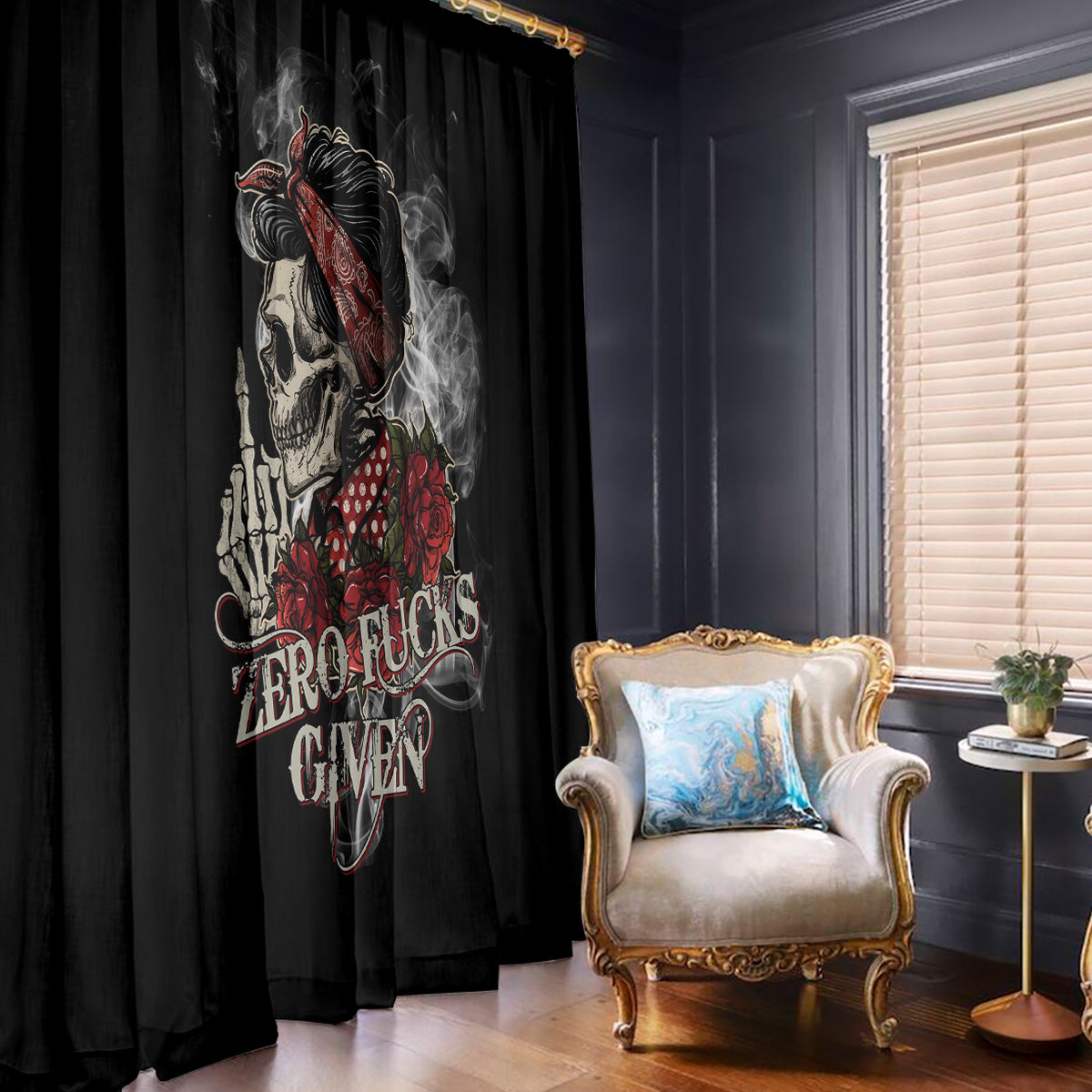 Girl Skull Window Curtain Zero Fucking Given - Wonder Print Shop