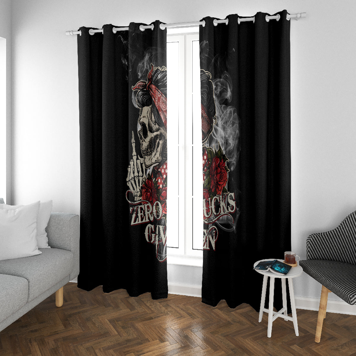 Girl Skull Window Curtain Zero Fucking Given - Wonder Print Shop