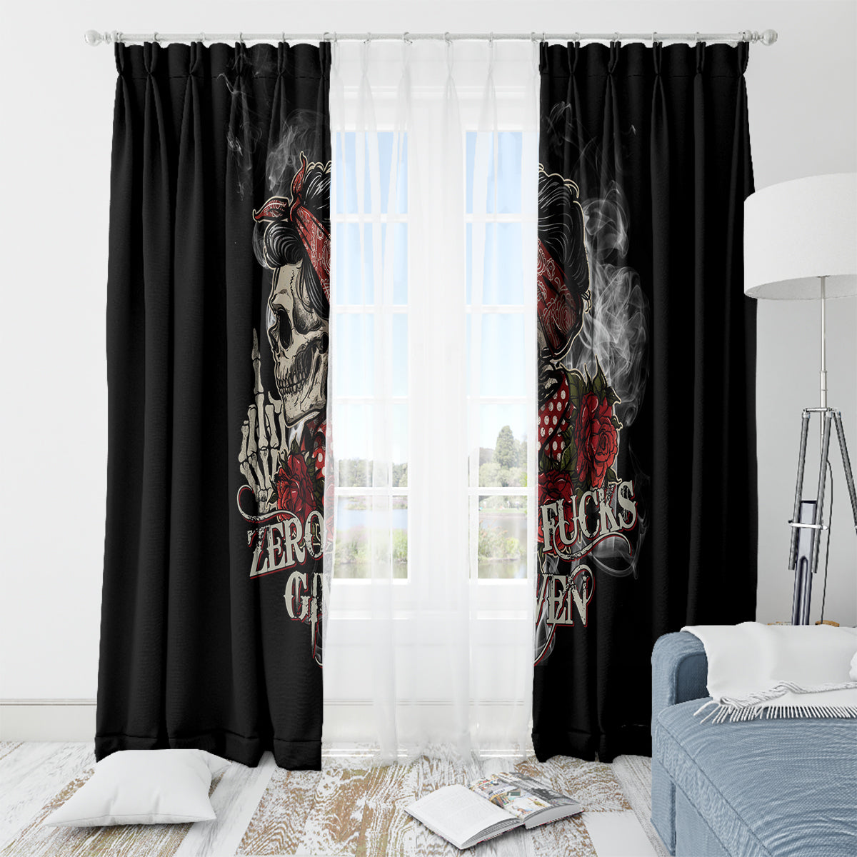 Girl Skull Window Curtain Zero Fucking Given - Wonder Print Shop