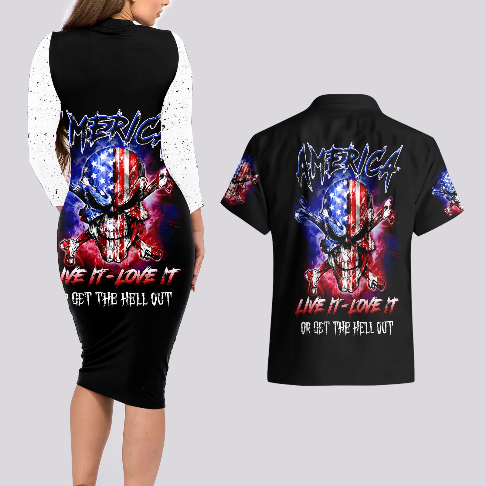 American Skull Couples Matching Long Sleeve Bodycon Dress and Hawaiian Shirt American Live It Love It Or Get The Hell Out - Wonder Print Shop