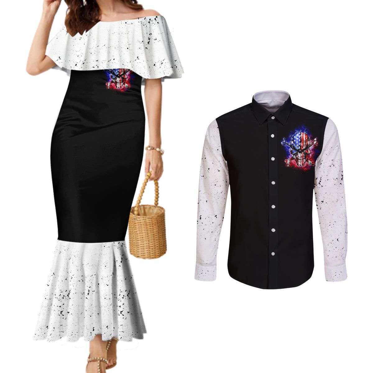 american-skull-couples-matching-mermaid-dress-and-long-sleeve-button-shirts-american-live-it-love-it-or-get-the-hell-out