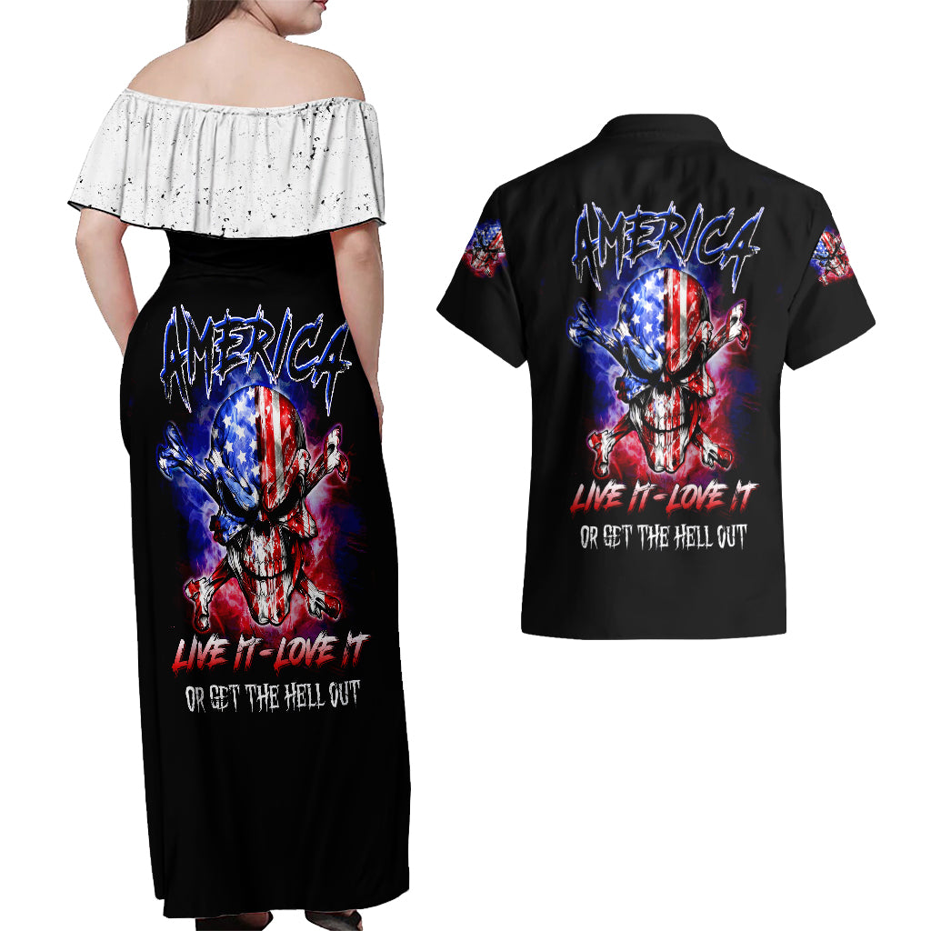 American Skull Couples Matching Off Shoulder Maxi Dress and Hawaiian Shirt American Live It Love It Or Get The Hell Out - Wonder Print Shop