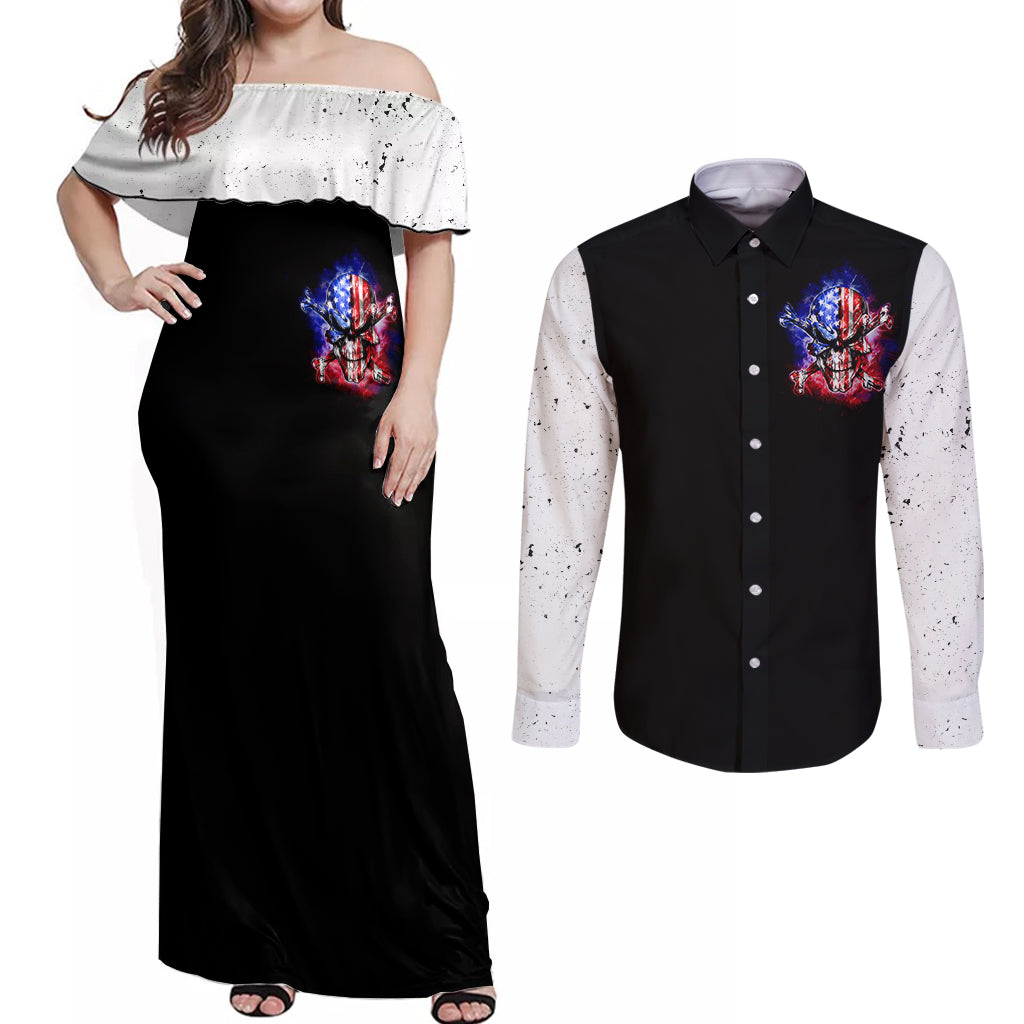 American Skull Couples Matching Off Shoulder Maxi Dress and Long Sleeve Button Shirts American Live It Love It Or Get The Hell Out - Wonder Print Shop