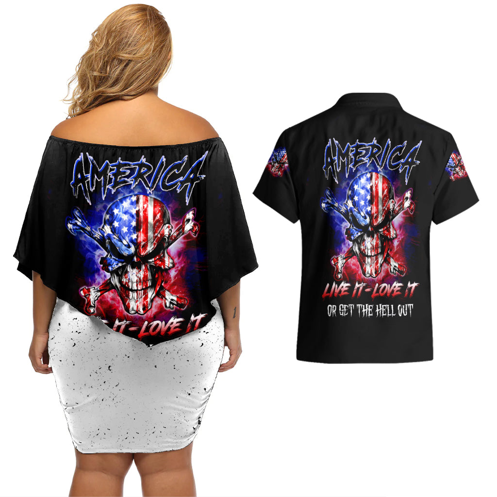 American Skull Couples Matching Off Shoulder Short Dress and Hawaiian Shirt American Live It Love It Or Get The Hell Out - Wonder Print Shop