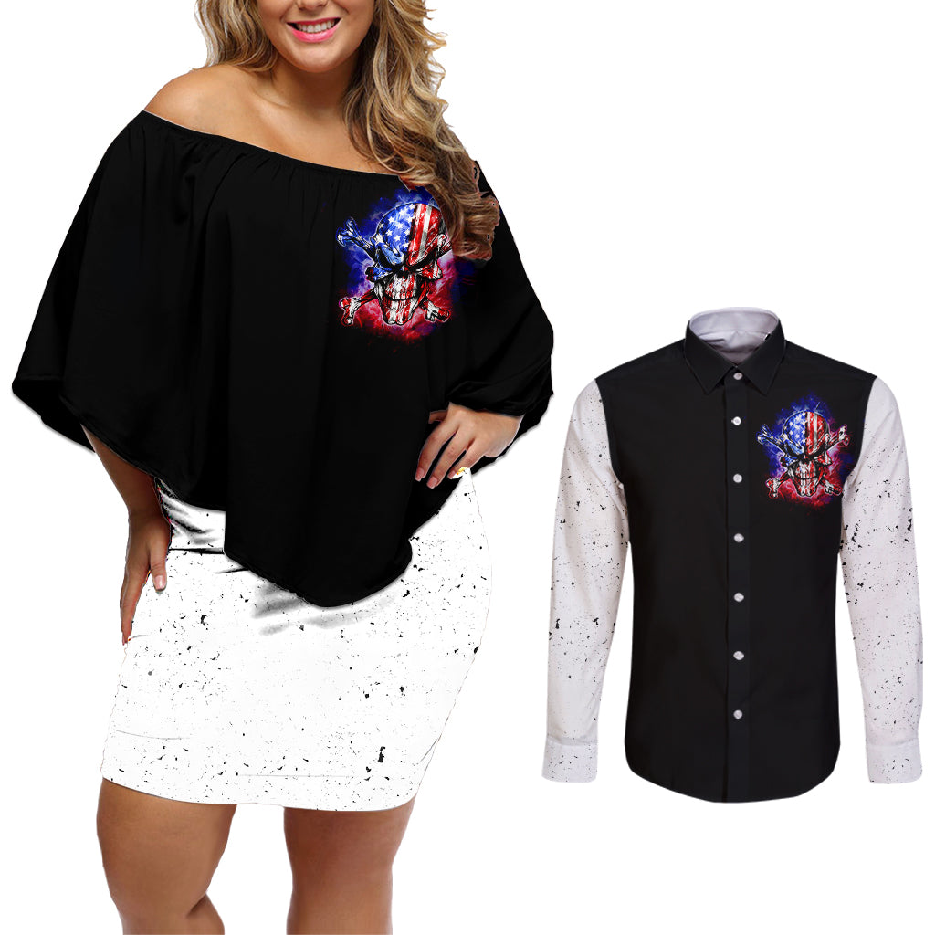 American Skull Couples Matching Off Shoulder Short Dress and Long Sleeve Button Shirts American Live It Love It Or Get The Hell Out - Wonder Print Shop