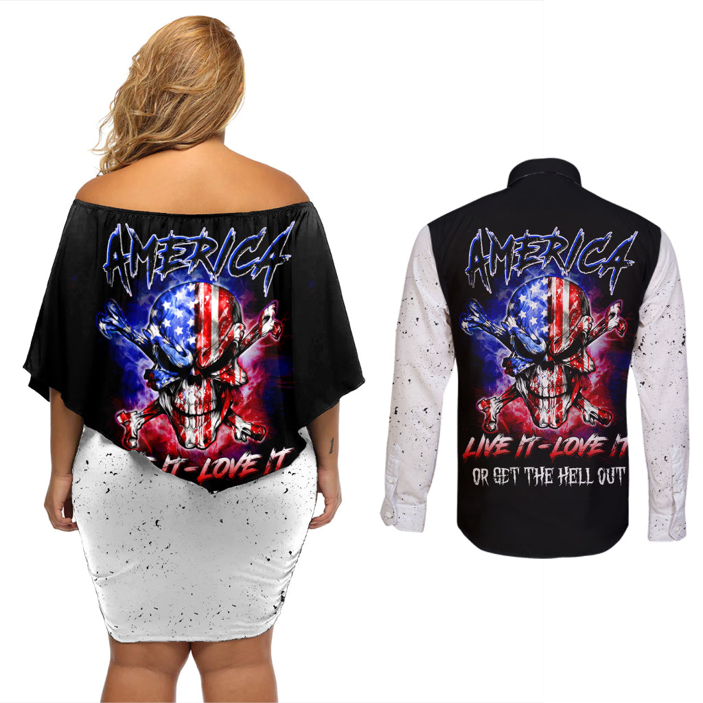 American Skull Couples Matching Off Shoulder Short Dress and Long Sleeve Button Shirts American Live It Love It Or Get The Hell Out - Wonder Print Shop