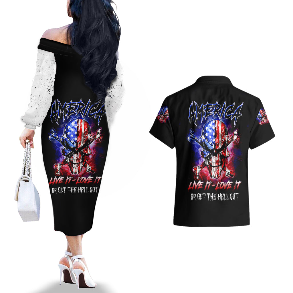 American Skull Couples Matching Off The Shoulder Long Sleeve Dress and Hawaiian Shirt American Live It Love It Or Get The Hell Out - Wonder Print Shop