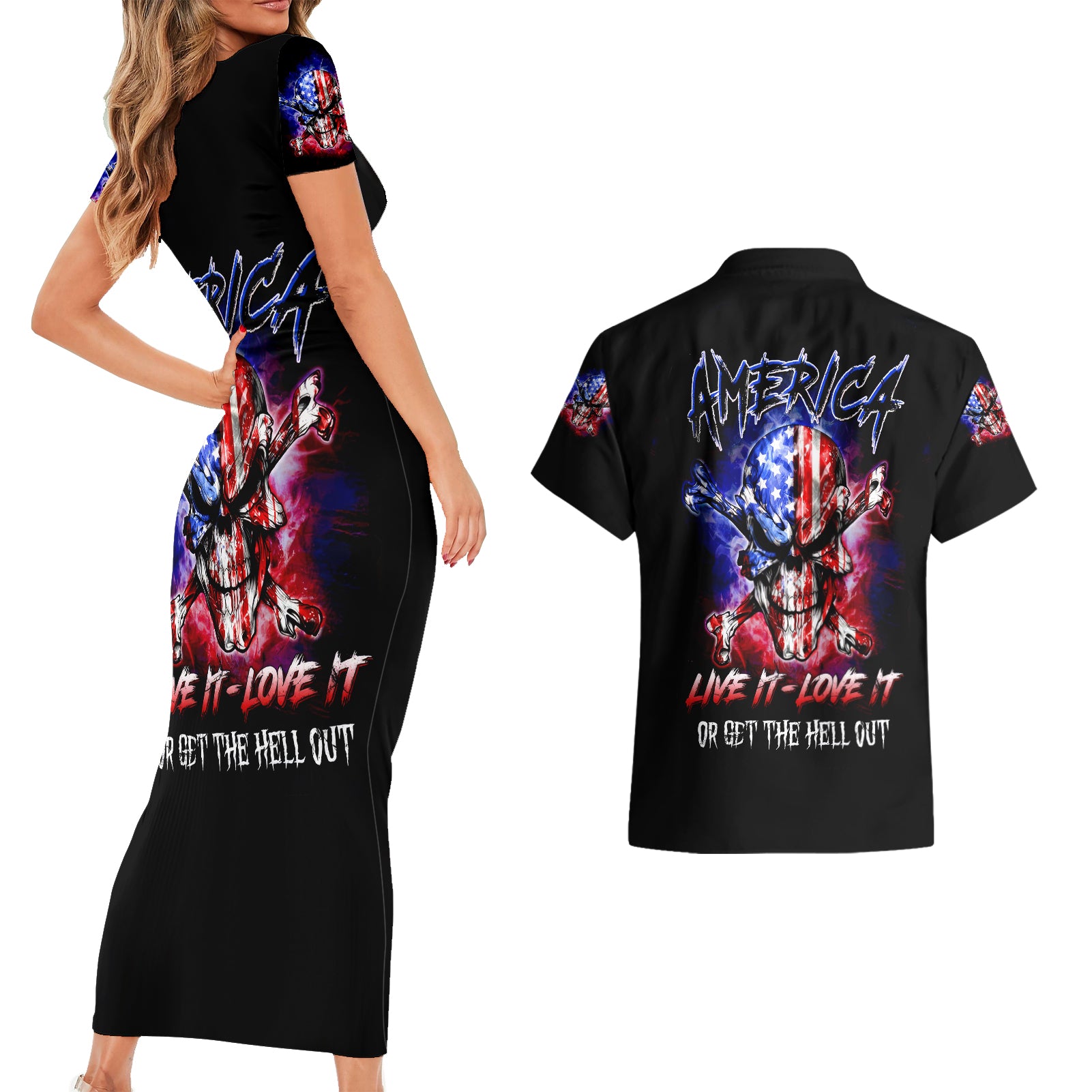 American Skull Couples Matching Short Sleeve Bodycon Dress and Hawaiian Shirt American Live It Love It Or Get The Hell Out - Wonder Print Shop