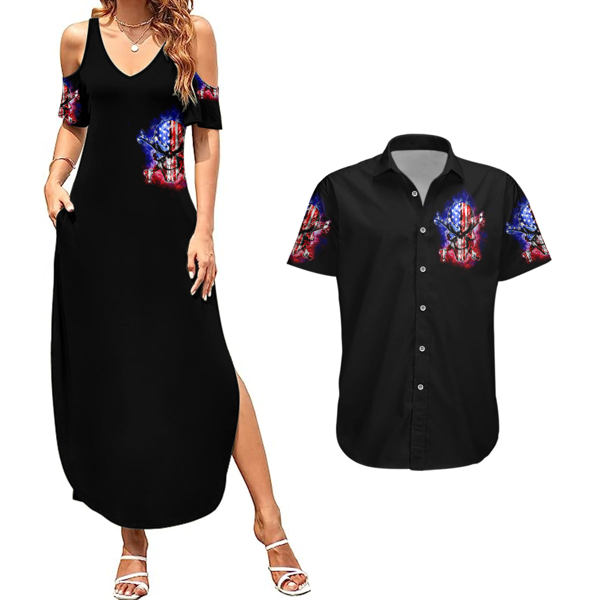 American Skull Couples Matching Summer Maxi Dress and Hawaiian Shirt American Live It Love It Or Get The Hell Out - Wonder Print Shop