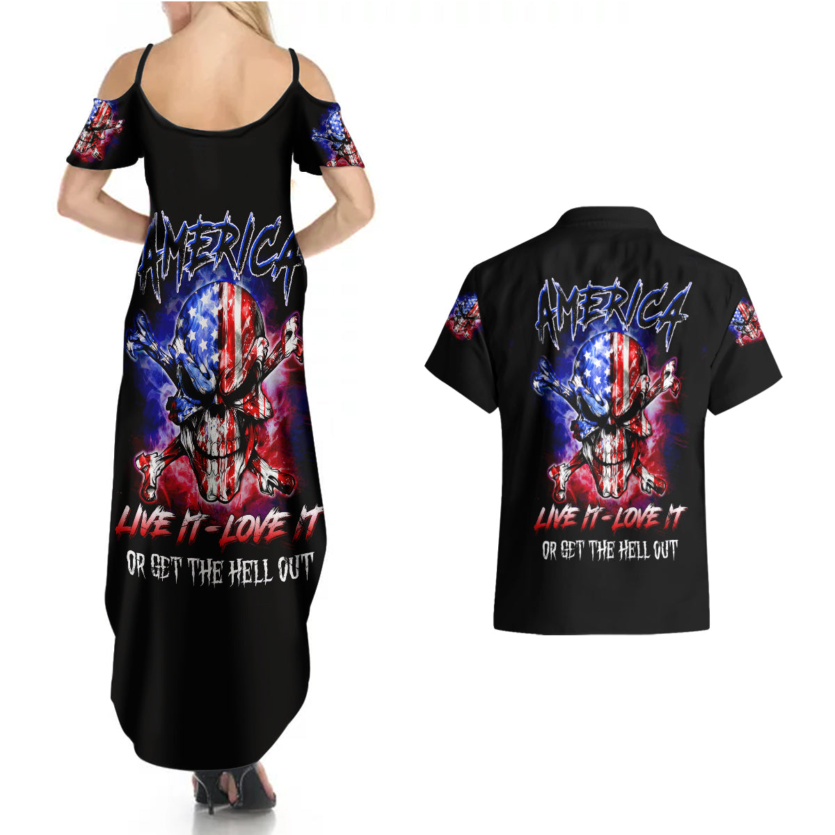 American Skull Couples Matching Summer Maxi Dress and Hawaiian Shirt American Live It Love It Or Get The Hell Out - Wonder Print Shop