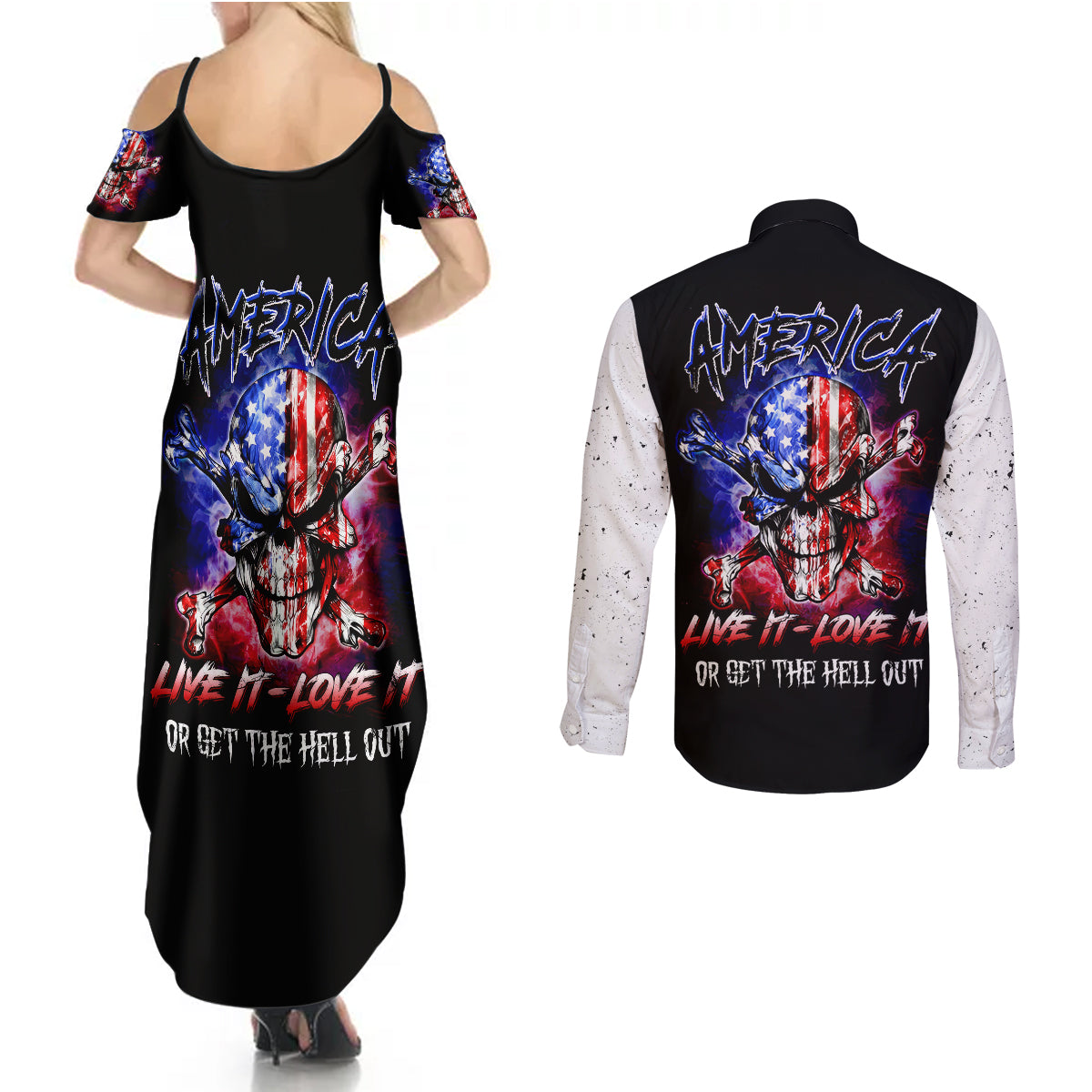 American Skull Couples Matching Summer Maxi Dress and Long Sleeve Button Shirts American Live It Love It Or Get The Hell Out - Wonder Print Shop