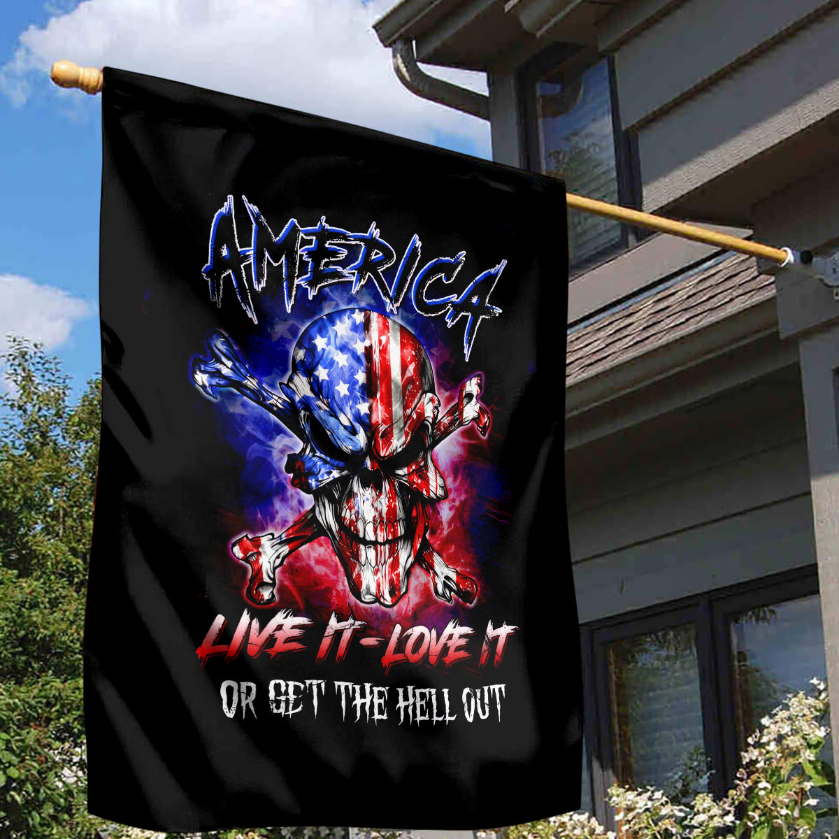 American Skull Garden Flag American Live It Love It Or Get The Hell Out - Wonder Print Shop