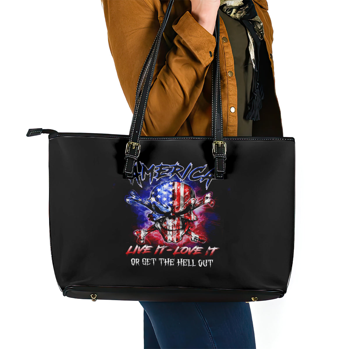 American Skull Leather Tote Bag American Live It Love It Or Get The Hell Out - Wonder Print Shop