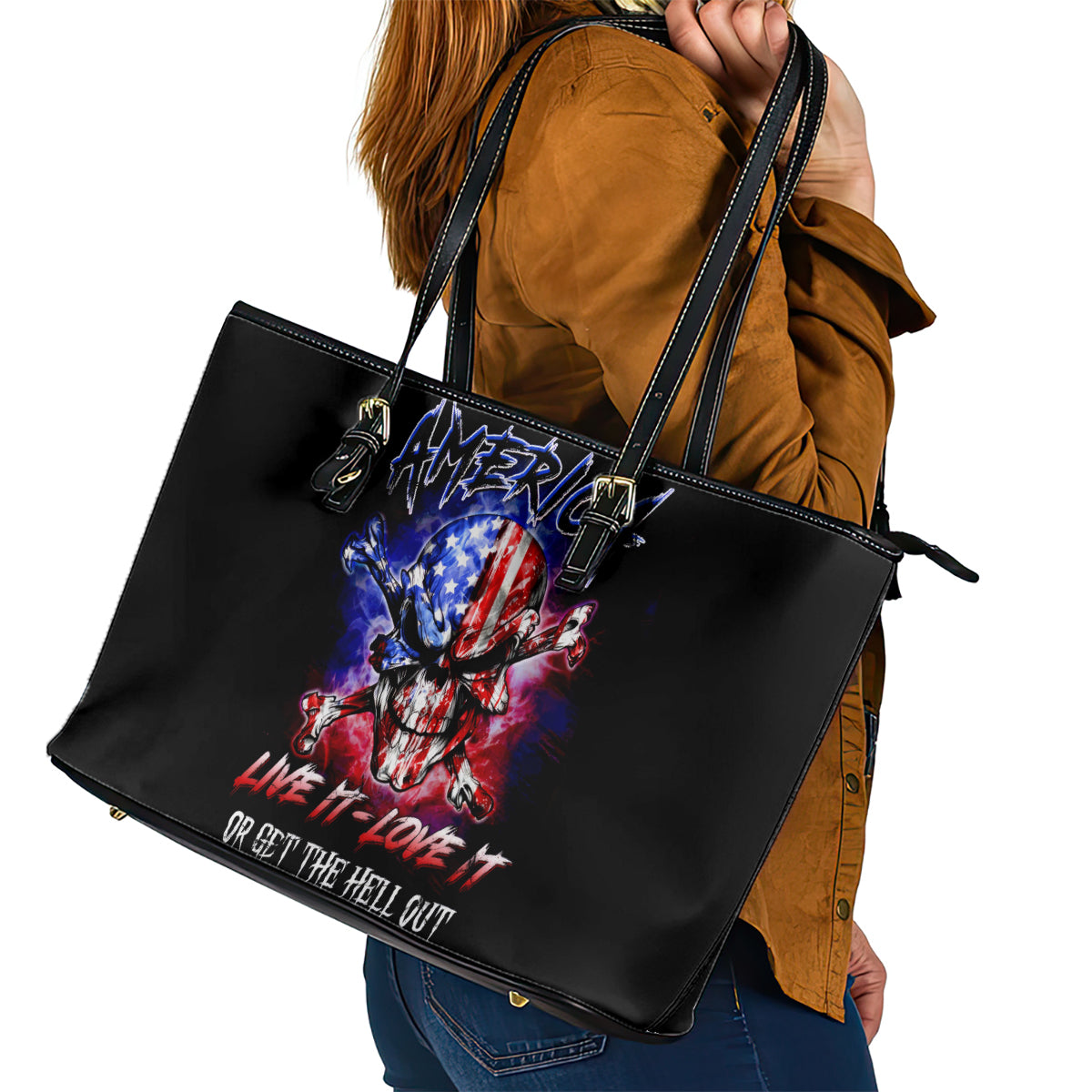 American Skull Leather Tote Bag American Live It Love It Or Get The Hell Out - Wonder Print Shop